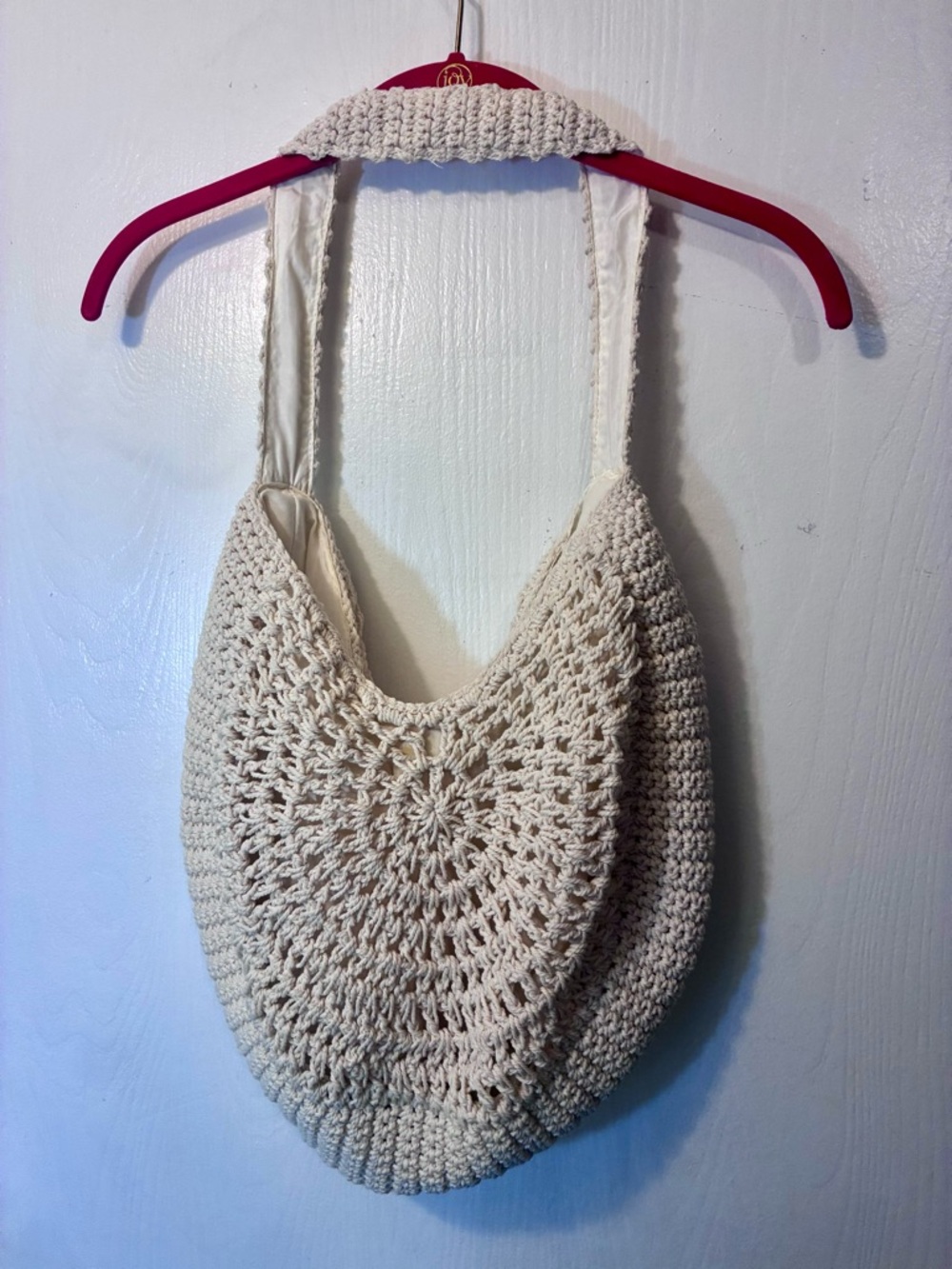Cream Crochet Hobo Bag - Satin Lined Casual Shoulder Tote - Picture 2 of 4